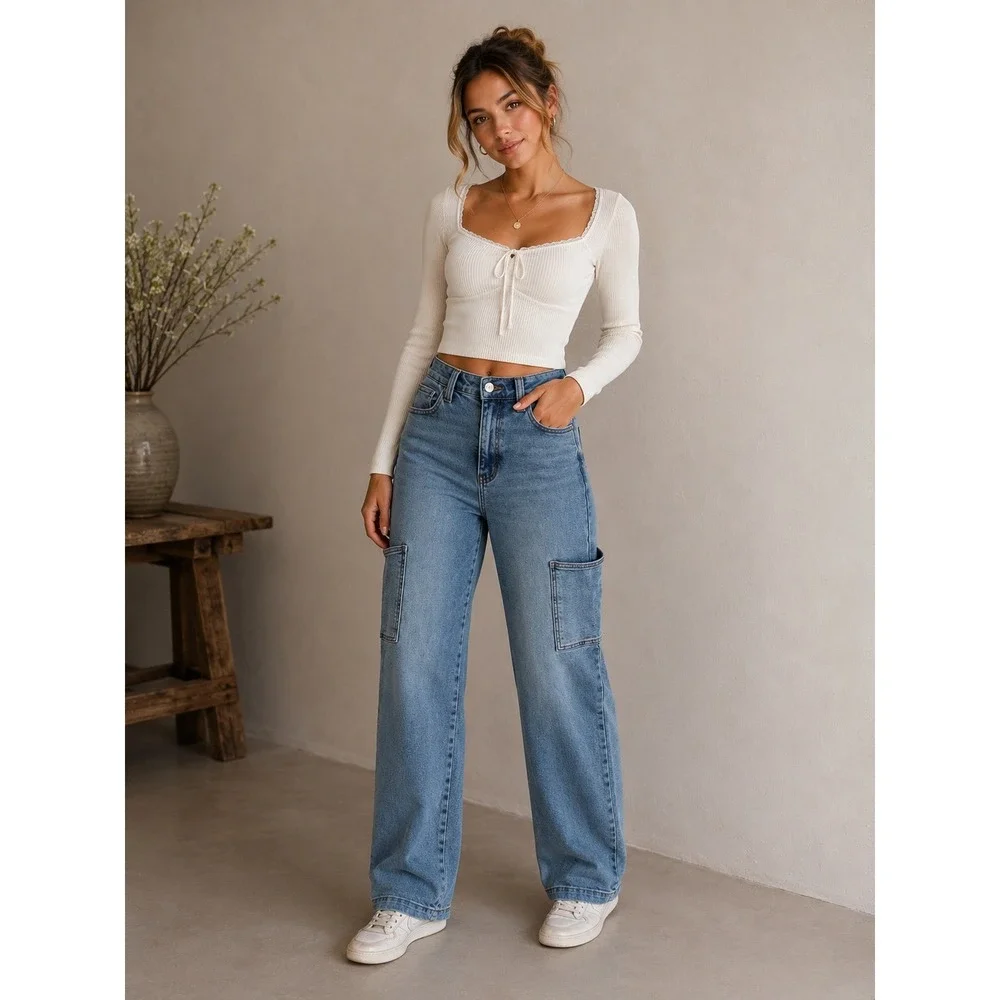 Judy Blue Cargo High Waisted Denim Jeans Preppy Soft Girl Streetwear Minimalist